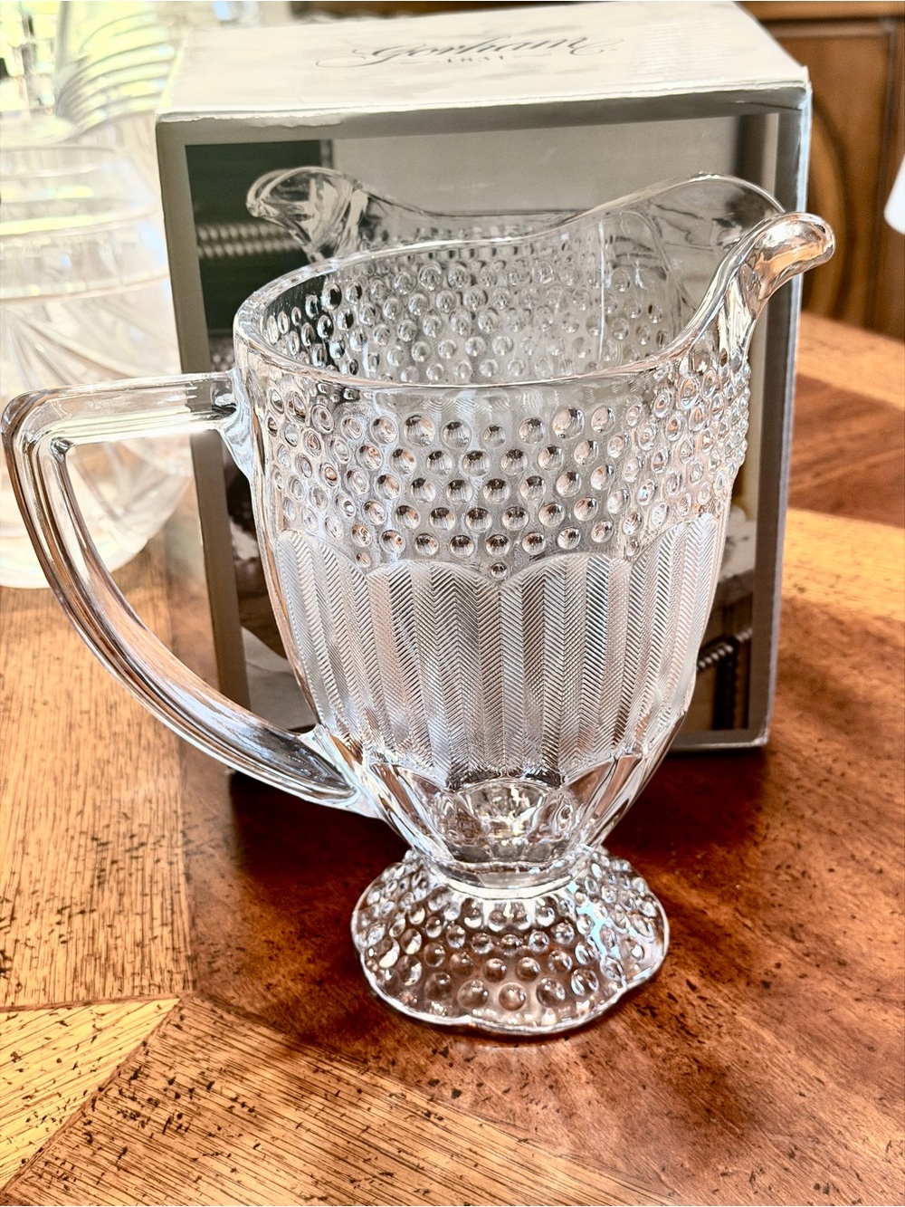 NIB Gorham Crystal Emily's Attic Footed Pitcher 48oz Vintage